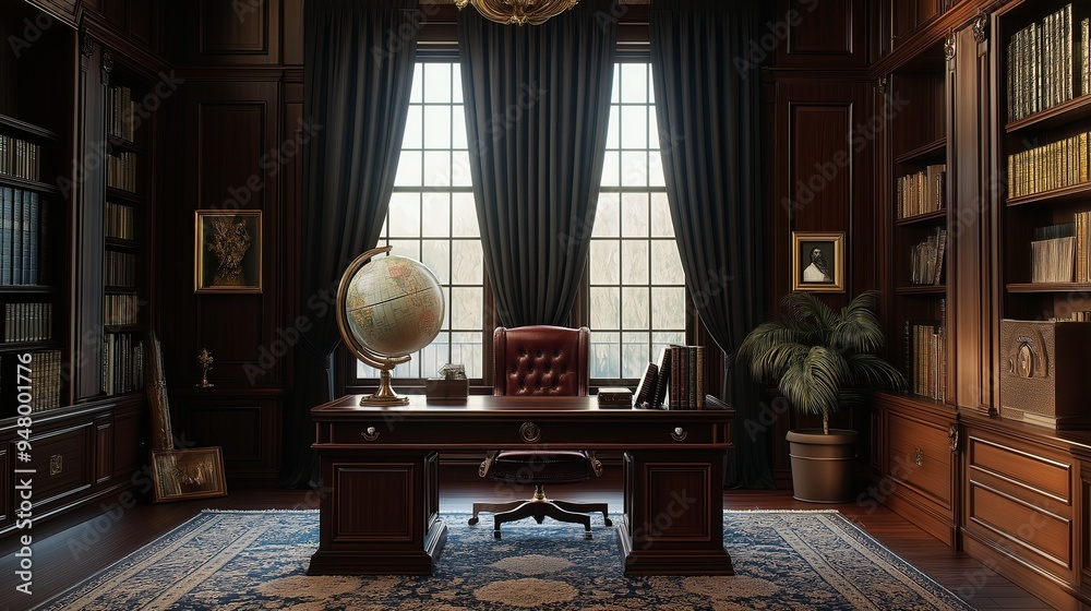 A stately classic study with dark wood paneling, a large mahogany desk, leather-bound books, and a vintage globe, with a richly patterned Persian rug A stately classic study with dark wood paneling, a large mahogany desk, leather-bound books, and a vintage globe, with a richly patterned Persian rug