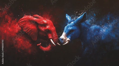 Democrats vs republicans are facing off in a ideological duel on the american flag. In American politics US parties are represented by either the democrat donkey or republican elephan