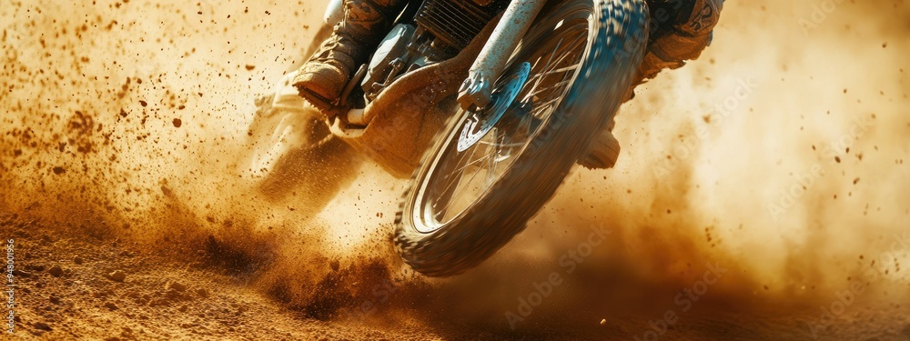 Fototapeta premium Sand, dust and motorbike wheel for sports with power speed of training, performance technique and fitness.