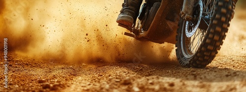 Sand, dust and motorbike wheel for sports with power speed of training, performance technique and fitness. 