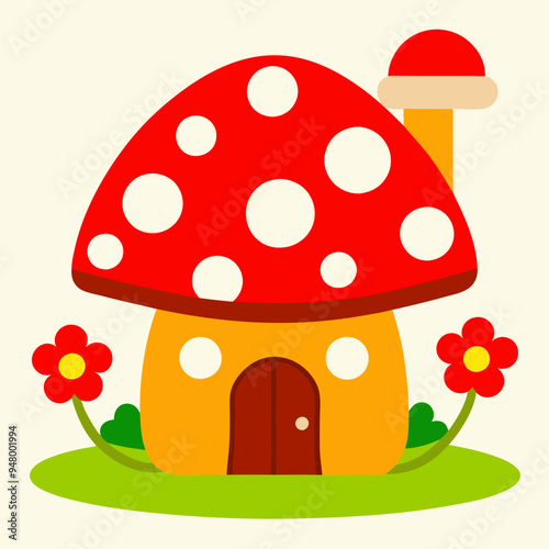 Adorable Mushroom House Vector Illustration, Cute Cartoon Whimsical Design 