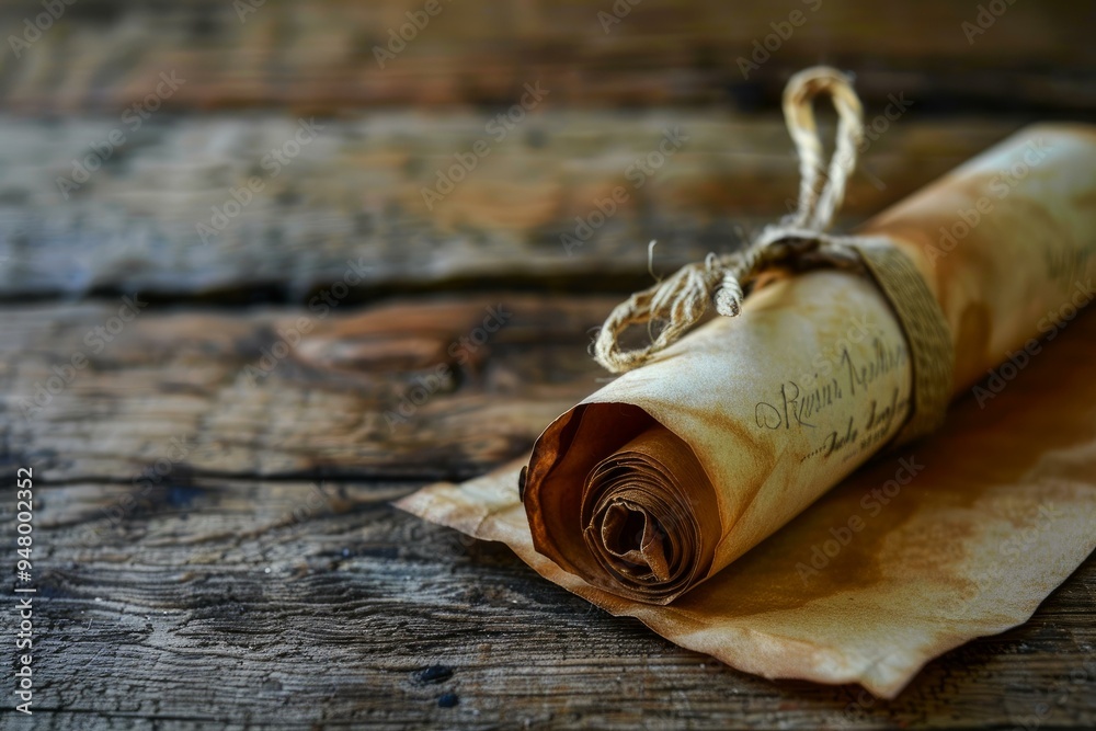 Old paper scroll tied with string is lying on a wooden table Old paper scroll tied with string is lying on a wooden table