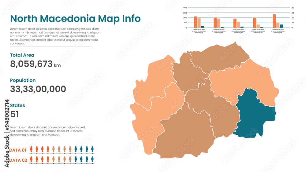 Obraz premium North Macedonia political map of administrative divisions states, Colorful states in North Macedonia map infographic, North Macedonia Map Info, North Macedonia Population.