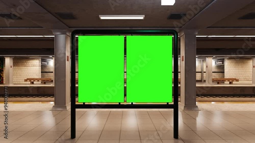 Empty billboard with a green screen for advertising on a subway station. 4k 3D animation 
