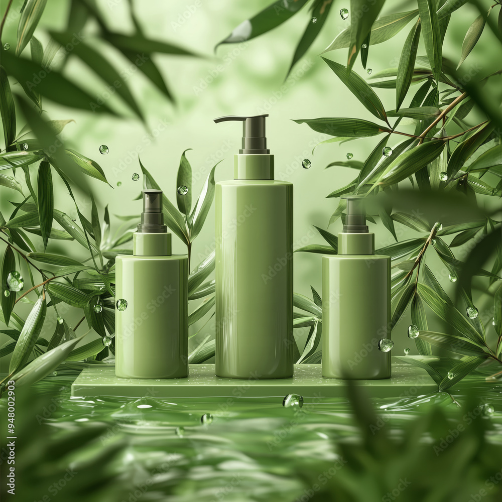 Three green skincare bottles set against a backdrop of lush bamboo and water droplets, emphasizing natural ingredients and eco-friendly beauty.