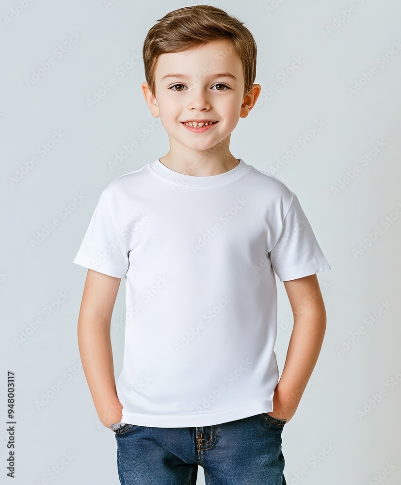 Cute smiling boy in plain white t-shirt looking at camera in isolated studio white background Cute smiling boy in plain white t-shirt looking at camera in isolated studio white background
