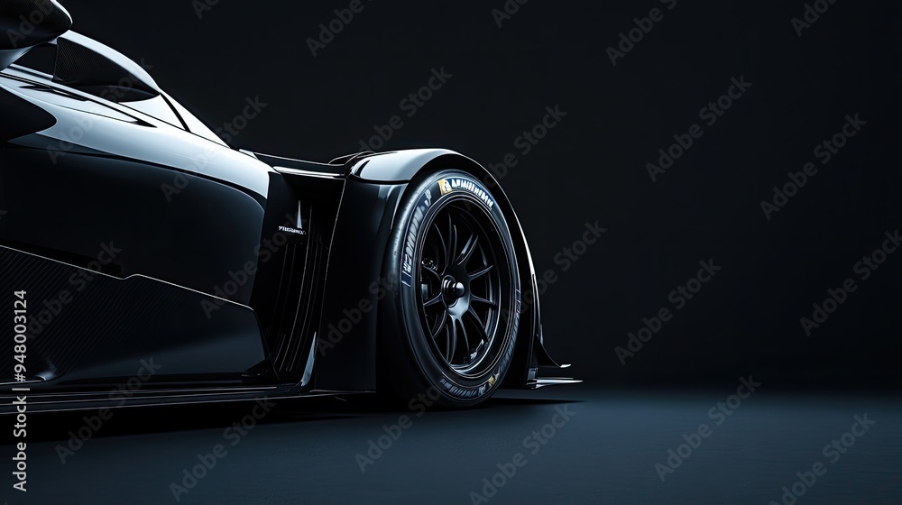 Side view of a generic modern black racing car back and rim lit against a plain black background
Side view of a generic modern black racing car back and rim lit against a plain black background