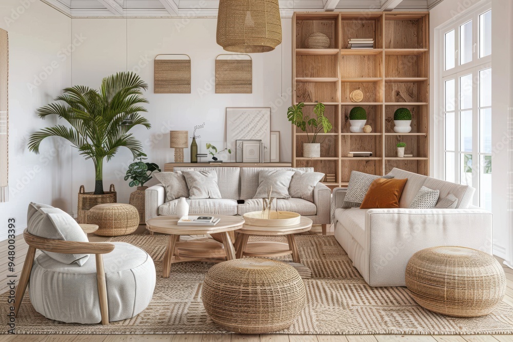 Modern scandinavian living room interior - 3d render Scandinavian interior design living room 3d render with beige colored furniture and wooden elements Modern scandinavian living room interior - 3d render Scandinavian interior design living room 3d render with beige colored furniture and wooden elements