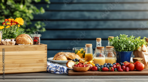 A beautifully arranged outdoor breakfast table featuring fresh fruits, juice, bread, and decorative plants on a wooden surface.
