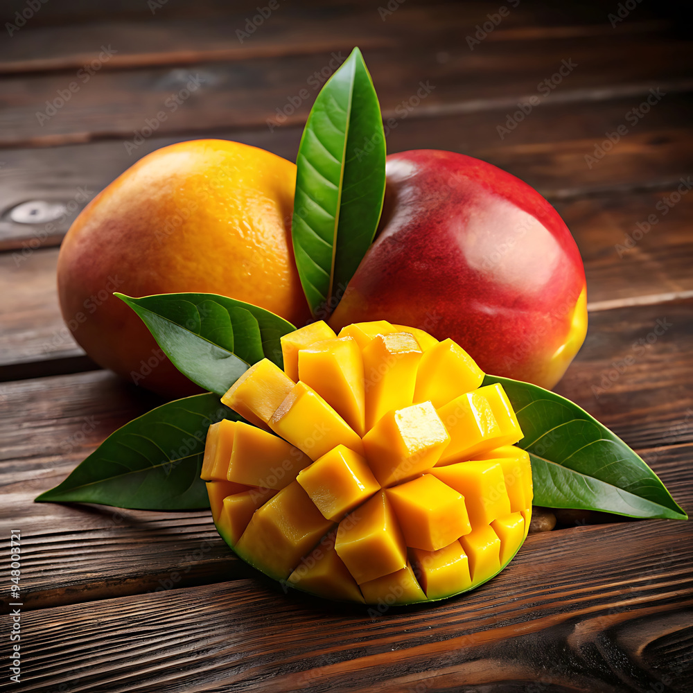 Beautiful chopped ripe mango on dark wooden surface. Beautiful chopped ripe mango on dark wooden surface.