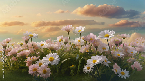 Blossom Serenity on a Meadow of Pastel Dreams, beautiful flower background with green grass photo