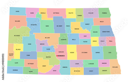 North Dakota, U.S. state subdivided into 53 counties, multi colored political map with its capital Bismarck, with borders and county names. State in the Upper Midwest region of the United States.