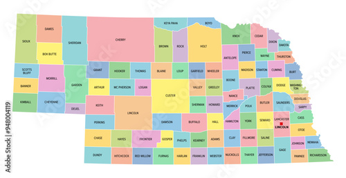 Nebraska, U.S. state, subdivided into 93 counties,multi colored political map with capital Lincoln, borders and county names.State in the Midwestern region of the United States. The Cornhusker State.