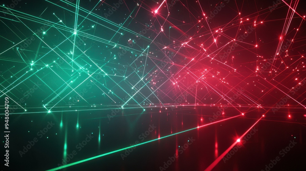 Futuristic Sci-Fi Laser Show with Intersecting Beams on Dark Stage in Deep Red and Green Hues Futuristic Sci-Fi Laser Show with Intersecting Beams on Dark Stage in Deep Red and Green Hues
