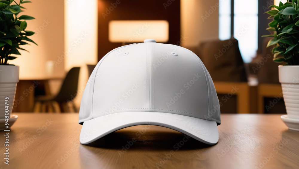 Classic White Cap on Wooden Table with Warm Indoor Ambiance, white baseball cap on wooden table,, white baseball cap mockup Classic White Cap on Wooden Table with Warm Indoor Ambiance, white baseball cap on wooden table,, white baseball cap mockup