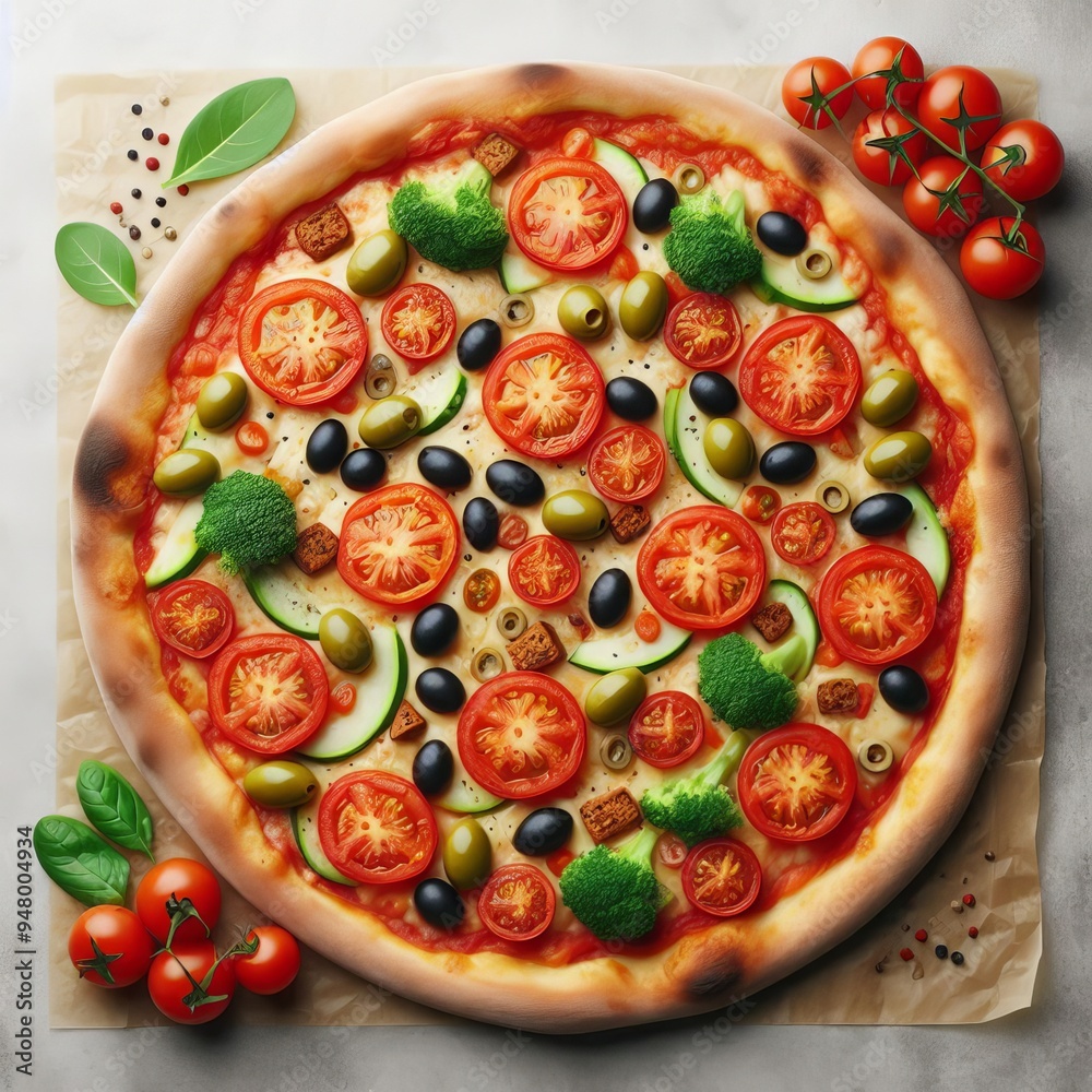 Vegan pizza with tomatoes and olives isolated on transparent background, top view Vegan pizza with tomatoes and olives isolated on transparent background, top view