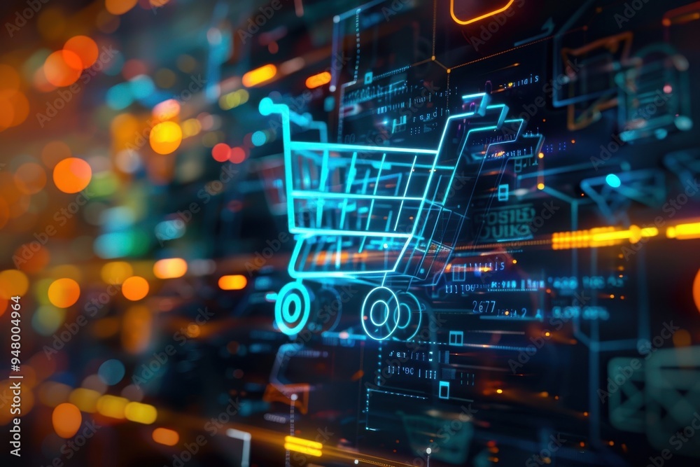 Digital cart icon on future tech background. Online shopping evolution. Futuristic shopping cart icon and abstract chart in world of technological progress and innovation. CGI 3D render Digital cart i Digital cart icon on future tech background. Online shopping evolution. Futuristic shopping cart icon and abstract chart in world of technological progress and innovation. CGI 3D render Digital cart i