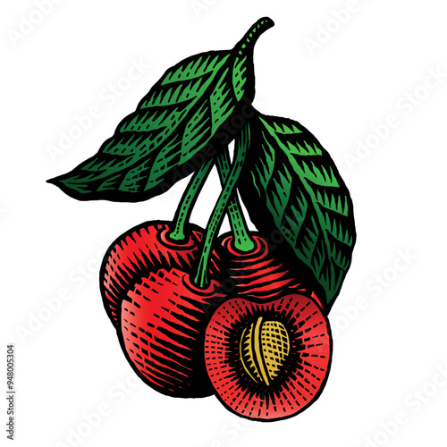 color cherry in engraving style.eps