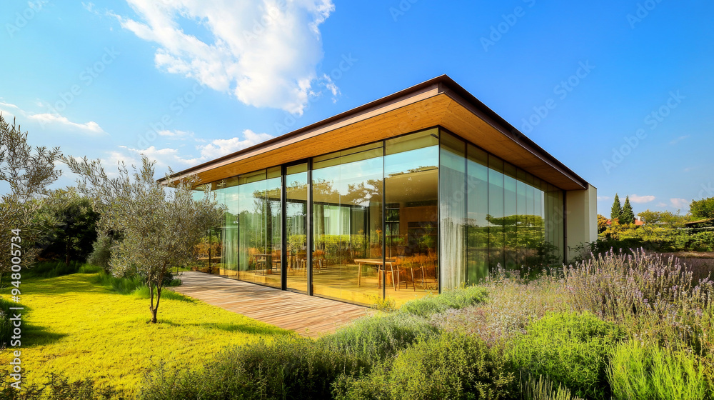 A modern glass-walled building surrounded by lush greenery, blending contemporary architecture with natural beauty on a bright, sunny day. A modern glass-walled building surrounded by lush greenery, blending contemporary architecture with natural beauty on a bright, sunny day.