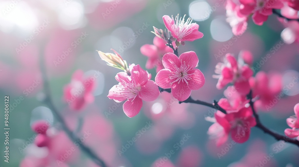 Close-up of vibrant pink blossoms on a branch, softly lit and surrounded by a dreamy, pastel-colored bokeh background. Close-up of vibrant pink blossoms on a branch, softly lit and surrounded by a dreamy, pastel-colored bokeh background.