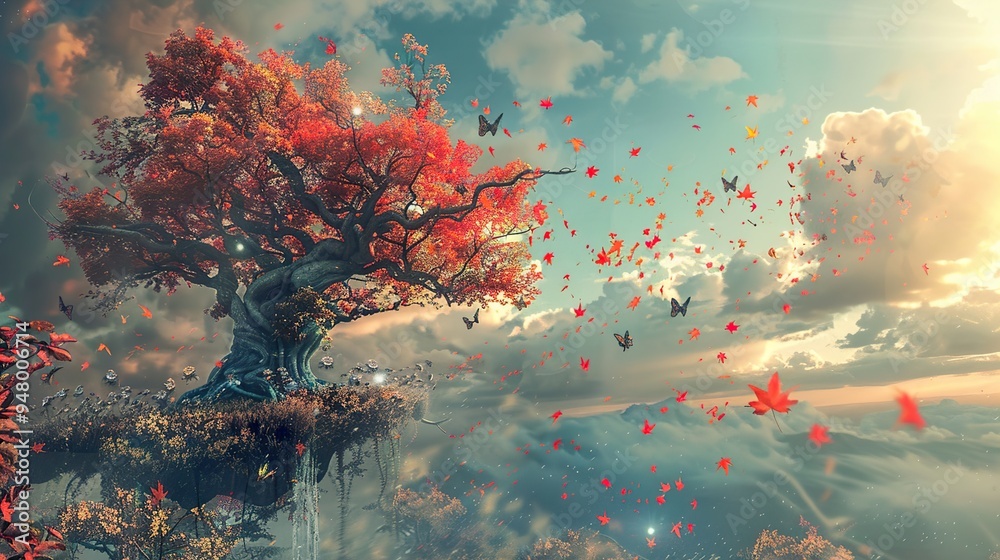 Floating Autumn Tree with Falling Leaves - Fantasy Landscape