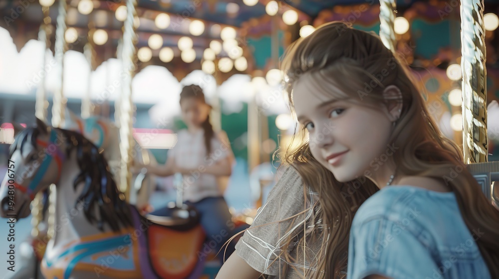 Teenagers on a Carousel. Background with Selective Focus Teenagers on a Carousel. Background with Selective Focus