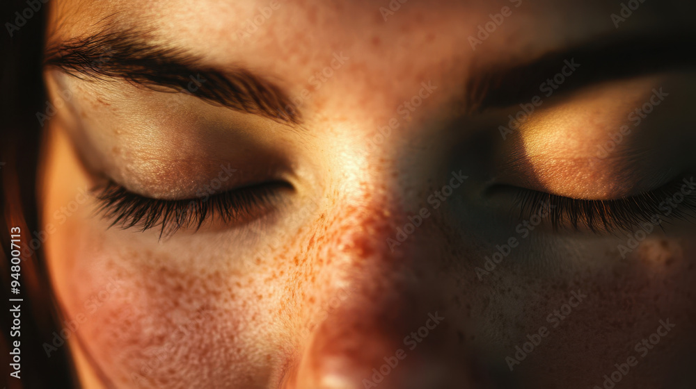 Calm face with closed eyes, showcasing serene beauty and natural freckles. soft light enhances peaceful expression. Calm face with closed eyes, showcasing serene beauty and natural freckles. soft light enhances peaceful expression.