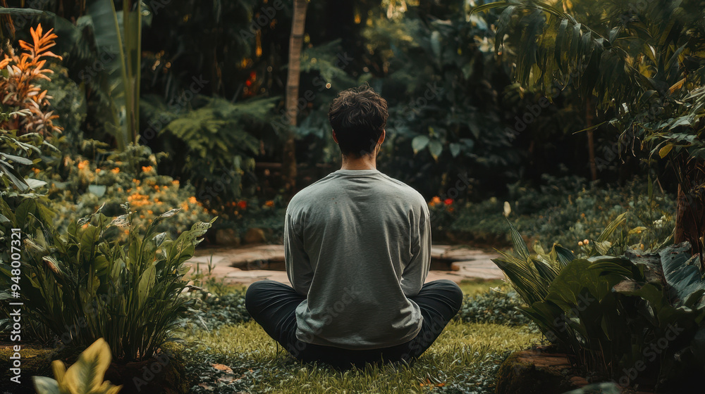 A person sitting peacefully in lush garden, surrounded by vibrant plants and flowers, embodies tranquility and mindfulness. A person sitting peacefully in lush garden, surrounded by vibrant plants and flowers, embodies tranquility and mindfulness.