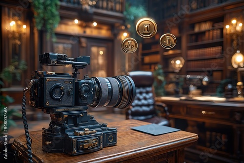 A camera is on a desk in a room with a lot of books