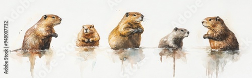 Watercolor painting of a beaver, groundhog, and marmot standing on the water in different poses, against a white background