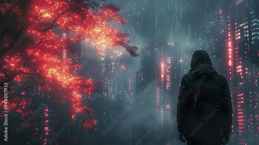 Lonely Figure in a Neon Rain-Soaked Cityscape Lonely Figure in a Neon Rain-Soaked Cityscape
