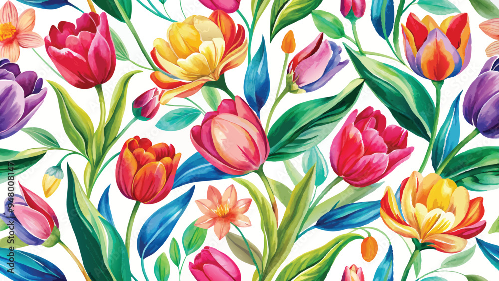 Obraz premium Tulips Spring flowers. Watercolor elegant bright illustration of floral seamless pattern, frame, border, leaves, logo for abstract greeting card, wedding invitation or background
