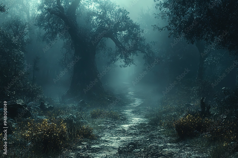 A forest path is shown in the dark with trees in the background A forest path is shown in the dark with trees in the background