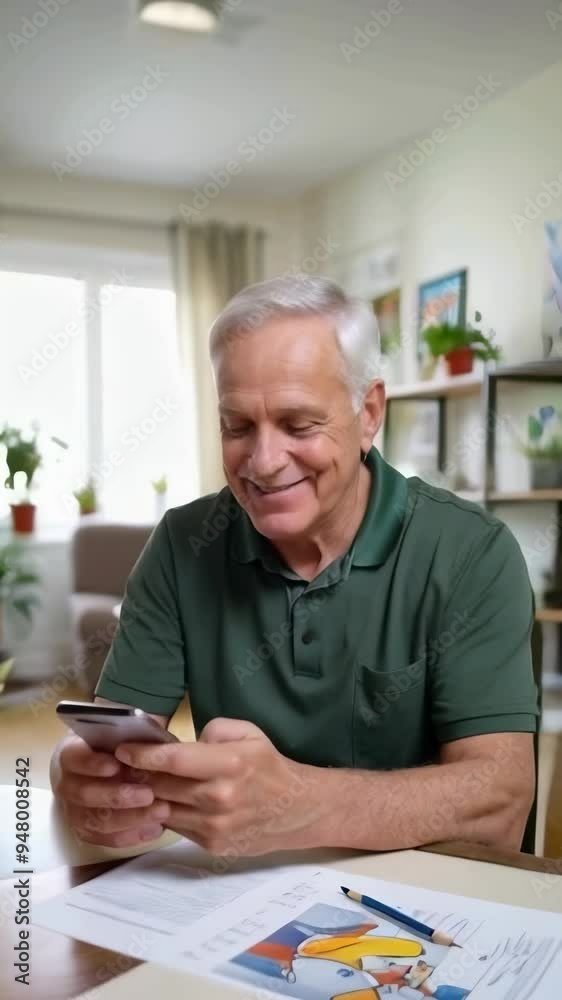 A senior man in a green shirt is sitting at a table looking at his cell phone in living room. A senior man in a green shirt is sitting at a table looking at his cell phone in living room.