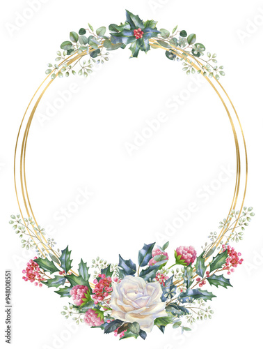 Watercolor Christmas floral Png border, red and white roses, fir, Xmas, arrangement, winter floral frame