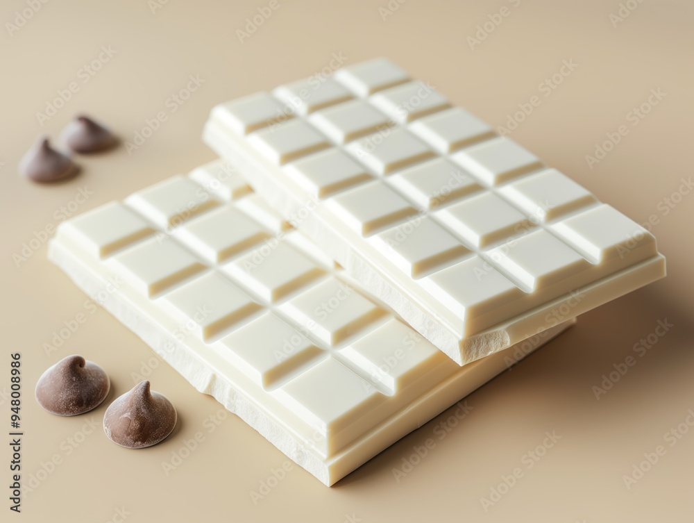 Stacked white chocolate bars on soft beige background, showcasing creamy texture for packaging design Stacked white chocolate bars on soft beige background, showcasing creamy texture for packaging design