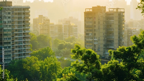 A panoramic view of a dense urban skyline featuring numerous highrise buildings surrounded by green trees
