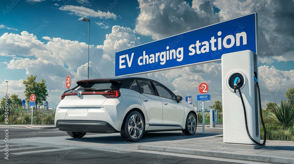 An electric vehicle is currently being charged at an EV charging station An electric vehicle is currently being charged at an EV charging station