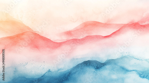 Abstract watercolor landscape with soft waves in shades of red, pink, and blue creating a serene atmosphere at dawn