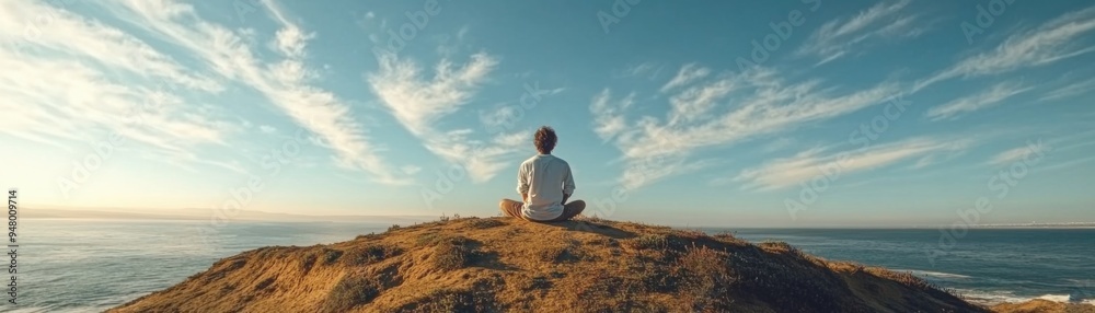 Tranquility on the Coast Artist Painting on a Cliff Overlooking the Ocean at Sunset, Capturing the Peaceful Beauty of Nature Tranquility on the Coast Artist Painting on a Cliff Overlooking the Ocean at Sunset, Capturing the Peaceful Beauty of Nature