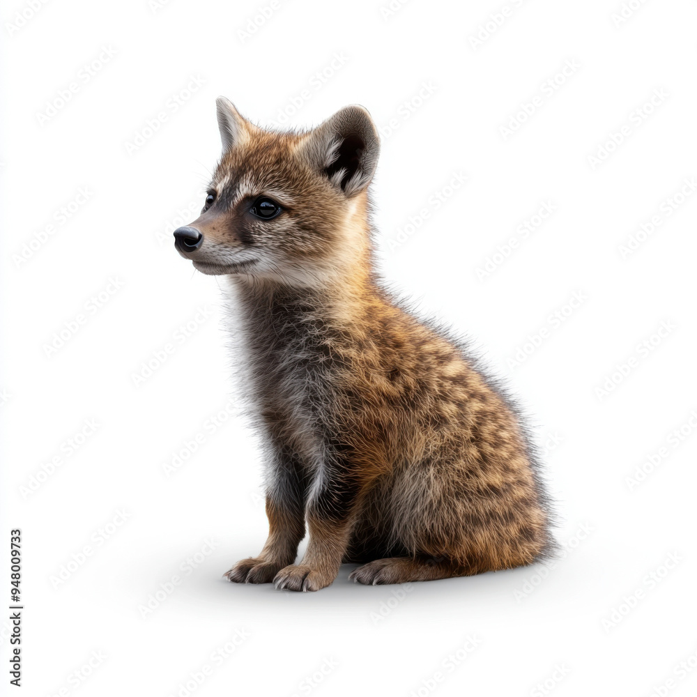 A young red fox sitting on a white background, showcasing its spotted fur and curious, attentive gaze. A young red fox sitting on a white background, showcasing its spotted fur and curious, attentive gaze.