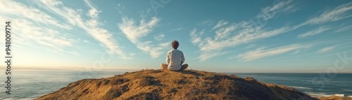 Tranquility on the Coast Artist Painting on a Cliff Overlooking the Ocean at Sunset, Capturing the Peaceful Beauty of Nature