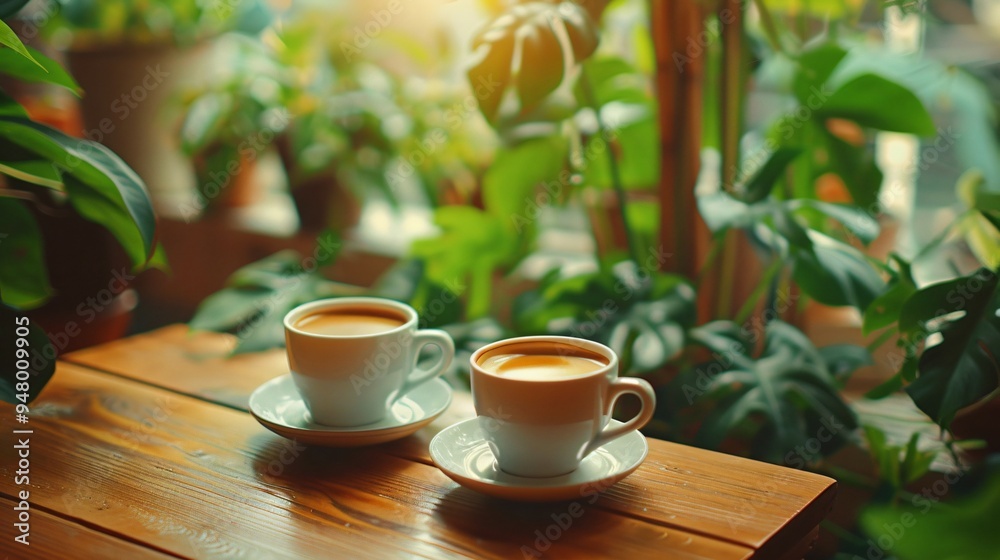 Two Warm Cups of Coffee on Wooden Table with Green Leaves Creating Cozy Atmosphere Two Warm Cups of Coffee on Wooden Table with Green Leaves Creating Cozy Atmosphere