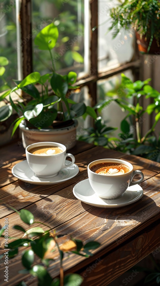 Two Warm Coffee Cups on a Wooden Table Surrounded by Green Plants in a Cozy and Peaceful Setting Two Warm Coffee Cups on a Wooden Table Surrounded by Green Plants in a Cozy and Peaceful Setting