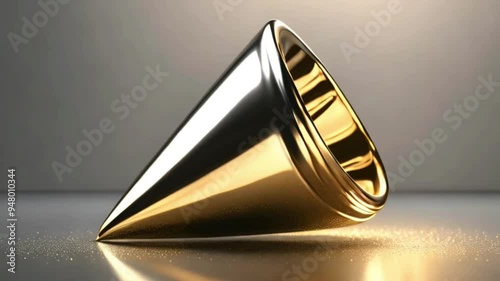 Hyper-realistic 3D render of a silver cone swiftly spinning on a gold reflective surface