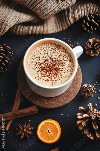 Cup of Coffee with Frothy Top and Cinnamon on Dark Background