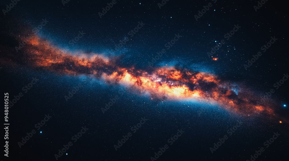 A long, thin galaxy with a blue and orange color. The galaxy is filled with stars and dust A long, thin galaxy with a blue and orange color. The galaxy is filled with stars and dust