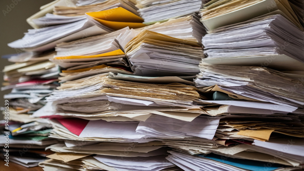 Stack of various papers and documents piled high, randomly organized with different colors visible. Stack of various papers and documents piled high, randomly organized with different colors visible.