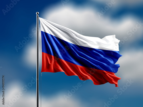 Russian flag waving on blurred blue cloud background.