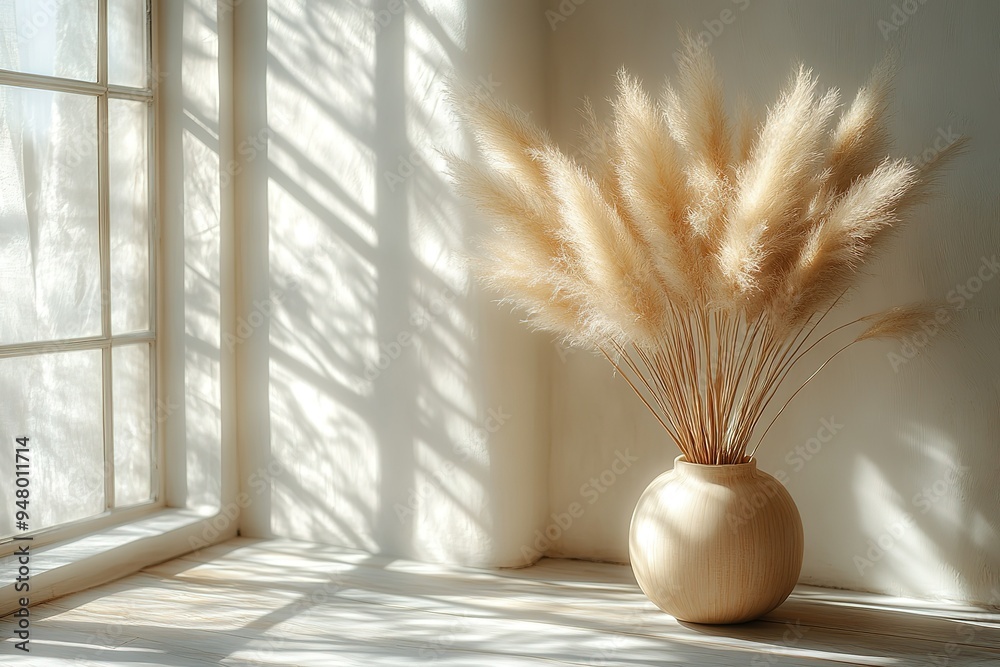Naklejka premium A vase of dried grass sits on a table in a room with a window